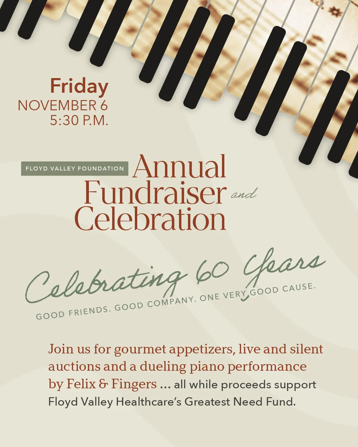Friday, November 6, 2026, at 5:30pm - Floyd Valley Foundation's Annual Fundraiser and Celebration.